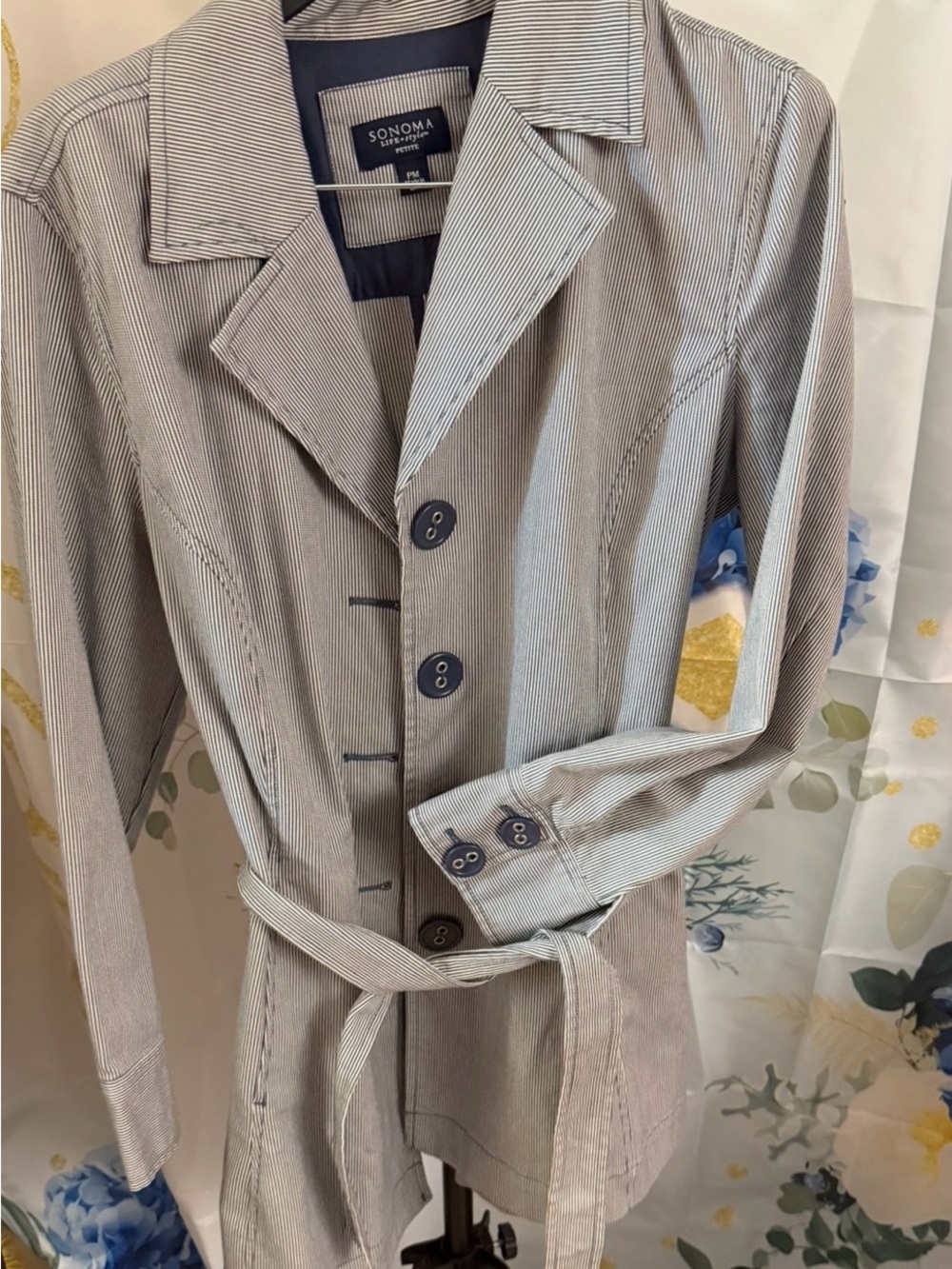 SONOMA Petite Pinstripe Belted Trench Coat in Light Gray